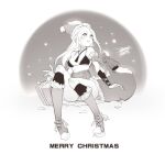  1girl bag blush breasts character_request christmas dated ejami gift hat long_hair merry_christmas monochrome santa_hat signature smile snow solo swimsuit thigh-highs 