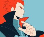  black_cape cape closed_mouth commentary_request fingernails from_side grey_jacket hand_up jacket jaho lance_(pokemon) orange_eyes orange_hair pokemon pokemon_(game) pokemon_hgss popped_collar short_hair smile spiky_hair turtleneck turtleneck_jacket upper_body 