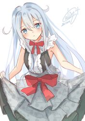  1girl blue_eyes cowboy_shot dated dress frilled_dress frills grey_dress hibiki_(kancolle) highres kantai_collection long_hair looking_at_viewer one-hour_drawing_challenge parted_lips pen_chou signature silver_hair simple_background skirt_hold sleeveless sleeveless_dress solo white_background 