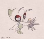  blue_eyes bright_pupils celebi closed_mouth commentary_request dated frown holding holding_pokemon leels legs_together no_humans pincurchin pokemon pokemon_(creature) white_pupils 