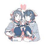  2girls ahoge apron black_hair blue_serafuku braid chougei_(kancolle) hair_flaps hair_ornament hairclip jingei_(kancolle) kantai_collection long_hair looking_at_viewer low_ponytail multiple_girls neckerchief red_eyes sailor_collar school_uniform serafuku shawl simple_background twin_braids waist_apron weidashming white_apron white_neckerchief 