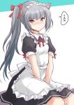  1girl alternate_costume animal_ears apron black_dress brown_eyes cat_ears cat_tail dress enmaided fuji_(pixiv24804665) grey_hair highres kantai_collection kasumi_(kancolle) long_hair looking_at_viewer maid maid_headdress puffy_sleeves short_sleeves side_ponytail solo tail v_arms white_apron 