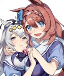  2girls animal_ears blue_bow blue_eyes bow braid breasts closed_mouth eyebrows_visible_through_hair grey_eyes hair_between_eyes hair_bow horse_ears horse_girl large_breasts looking_at_viewer multicolored_hair multiple_girls nonco oguri_cap_(umamusume) open_mouth pacifier satono_diamond_(umamusume) school_uniform short_hair simple_background smile streaked_hair tracen_school_uniform umamusume upper_body white_background white_hair 