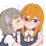  2girls black_dress closed_eyes closed_mouth commentary dress eyebrows_visible_through_hair grey_hair hand_on_another&#039;s_shoulder highres hug kiss kissing_cheek long_hair looking_at_viewer love_live! love_live!_superstar!! multicolored_hair multiple_girls neck_ribbon orange_hair pinafore_dress pink_hair red_ribbon ribbon shibuya_kanon shirt short_hair short_sleeves simple_background streaked_hair tang_keke upper_body uuu&amp;no violet_eyes white_background white_shirt yuri 
