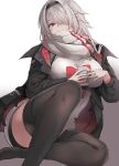  1girl azur_lane black_hairband black_jacket black_legwear braid breasts colorado_(azur_lane) colorado_(traveling_melody)_(azur_lane) gradient gradient_background grey_hair hair_over_one_eye hairband highres jacket knee_up large_breasts liaowen long_hair long_sleeves looking_at_viewer one_eye_covered red_eyes scarf sitting solo thigh-highs thighs two-tone_background white_scarf 