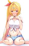  1girl absurdres bangs bare_shoulders blonde_hair blush breasts equal_(heartstrings) eyebrows_visible_through_hair hair_ornament hair_ribbon heterochromia highres hoshikawa_sara jacket large_breasts long_hair looking_at_viewer navel nijisanji open_mouth red_eyes ribbon shirt side_ponytail smile solo virtual_youtuber x_hair_ornament yellow_eyes 