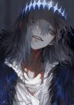  1boy au_(d_elite) bangs blue_eyes cape collar collarbone collared_shirt crown eyebrows_visible_through_hair eyes_visible_through_hair fate/grand_order fate_(series) frilled_collar frills fur-trimmed_cape fur_trim grey_hair long_hair looking_at_viewer male_focus oberon_(fate) open_mouth shirt smile solo spoilers white_shirt 