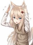  1girl animal_ears aqua_eyes arms_up blush character_request copyright_request eyebrows_visible_through_hair hair_between_eyes light_brown_hair long_hair long_sleeves looking_at_viewer open_mouth solo upper_body white_background yakob_labo 