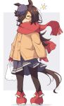  1girl =_= animal_ears bag bangs bespectacled black_legwear blue_headwear blue_skirt boots brown_coat brown_hair coat commentary_request flower full_body glasses grocery_bag hair_over_one_eye hat highres holding holding_bag horse_ears horse_girl horse_tail long_hair mask mittens mouth_mask red_footwear red_mittens rice_shower_(umamusume) rose scarf semi-rimless_eyewear shopping_bag skirt sleep_bubble solo standing tail tom_q_(tomtoq) umamusume 