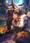  1girl absurdres animal_ears bat black_gloves blush brown_hair corset crescent_moon fang frilled_hairband frills gloves hair_over_one_eye hairband halloween highres horse_ears horse_girl horse_tail looking_at_viewer make_up_in_halloween!_(umamusume) moon netural night night_sky open_mouth puffy_short_sleeves puffy_sleeves purple_skirt rice_shower_(umamusume) short_sleeves skirt sky tail tears umamusume violet_eyes 