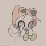  blue_eyes bright_pupils celebi closed_mouth commentary_request dated hands_up hood hood_up leels looking_down no_humans pokemon pokemon_(creature) pokemon_ears rockruff smile solo white_pupils 