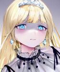  1girl blonde_hair blue_eyes blush disgust earrings highres hololive hololive_english jewelry long_hair looking_at_viewer mile_(off8mile) official_alternate_costume solo tiara upper_body virtual_youtuber watson_amelia 