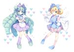  2girls animal animal_ears animal_slippers apron bag bangs bell blonde_hair blue_apron blue_bow blue_eyes blue_footwear blush bobby_socks bow cat closed_mouth collared_dress commission cutesu_(cutesuu) double_bun dress drill_hair eyebrows_visible_through_hair eyepatch feathered_wings frilled_apron frilled_bow frilled_sleeves frills green_footwear green_hair hair_bell hair_between_eyes hair_bow hair_ornament heart highres izuminanase jingle_bell layered_sleeves loafers long_hair long_sleeves loose_socks medical_eyepatch miruku_(cutesuu) multiple_girls original pink_dress pink_legwear pixiv_request pleated_dress pleated_skirt puffy_short_sleeves puffy_sleeves purple_bow purple_legwear purple_skirt rabbit rabbit_ears ribbed_legwear shirt shoes short_over_long_sleeves short_sleeves shoulder_bag simple_background skirt sleeves_past_fingers sleeves_past_wrists slippers smile socks very_long_hair waist_apron white_apron white_background white_cat white_shirt white_wings wide_sleeves wings 
