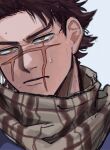  1boy brown_eyes brown_hair face golden_kamuy highres looking_at_viewer male_focus nipples no_headwear scar scar_on_cheek scar_on_face scar_on_mouth scar_on_nose scarf serious short_hair sideburns solo spiky_hair sugimoto_saichi ton_(ton19130318) unfinished upper_body wet wet_hair 