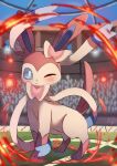  absurdres blue_eyes blush closed_mouth commentary_request day fire grass highres katsukare no_humans one_eye_closed pokemon pokemon_(creature) sky smile solo stadium standing sylveon 