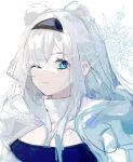  1girl animal_ears arknights aurora_(arknights) bangs bear_ears black_hairband blue_eyes commentary_request hairband highres long_hair looking_at_viewer one_eye_closed qianzhu silver_hair smile solo upper_body 