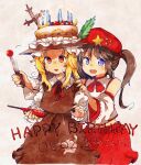  2girls :d balancing_on_head bare_shoulders birthday_cake blonde_hair blue_eyes blush brown_hair brown_skirt brown_vest cabbie_hat cake cake_hat candy collared_shirt commentary_request detached_sleeves dolls_in_pseudo_paradise extra eyebrows_visible_through_hair flat_cap food food_on_head happy_birthday hat hat_ornament jacket_girl_(dipp) knife label_girl_(dipp) long_sleeves looking_at_viewer mandarin_collar medium_hair midriff multiple_girls object_on_head open_mouth orange_eyes red_headwear red_ribbon red_skirt ribbon shirt side_ponytail skirt smile star_(symbol) star_hat_ornament sweat sweating_profusely touhou trembling twintails vest wadante white_shirt wide_sleeves 