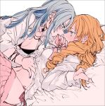  2girls amane_(7783) blue_eyes blue_hair blue_nails blush breasts character_request commentary_request copyright_request earrings eyebrows_visible_through_hair hand_under_clothes highres jewelry lying mismatched_nail_polish mouth_hold multiple_girls nail_polish navel on_back orange_hair pink_nails ribbon ribbon_in_mouth ring sheet_grab stud_earrings sweat yuri 