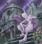  chain clouds cloudy_sky commentary_request dated energy from_below highres katkichi leaf looking_down mewtwo outdoors pink_eyes pokemon pokemon_(creature) ruins signature sitting sky solo stairs toes 