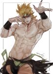  1boy absurdres birthmark black_nails blonde_hair claws dio_brando grandia_lee groin headband highres joestar_birthmark jojo_no_kimyou_na_bouken muscular muscular_male shirt solo stardust_crusaders topless_male torn_clothes torn_shirt 