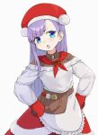  1girl apron bangs belt blue_eyes blush breasts brown_shirt coffeekite cosplay dress fate/extra fate/extra_ccc fate/grand_order fate_(series) fur-trimmed_dress fur_trim hat highres jewelry long_hair long_sleeves looking_at_viewer martha_(fate) martha_(santa)_(fate) martha_(santa)_(fate)_(cosplay) meltryllis_(fate) mittens open_mouth purple_hair red_dress red_headwear red_scarf santa_hat scarf shirt small_breasts solo white_apron 