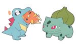  bright_pupils bulbasaur closed_eyes closed_mouth commentary_request fang fang_out jaho lowres mouth_hold notice_lines pokemon pokemon_(creature) standing sweatdrop toes torchic totodile transparent_background white_pupils 