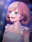  1girl blue_eyes blue_shirt blurry blurry_background brown_hair chinese_commentary commentary_request earphones earphones eyebrows_visible_through_hair frilled_shirt frills headset highres light_particles love_live! love_live!_superstar!! music open_mouth shirt short_hair singing sleeveless sleeveless_shirt smile solo sweat tang_keke teeth two-tone_shirt upper_body uuu&amp;no white_shirt 