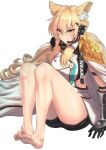  &gt;:) 1girl animal_ear_fluff animal_ears arknights armor bangs bare_legs barefoot black_shorts blonde_hair character_name commentary_request dress eyebrows_visible_through_hair headset highres knees_up long_hair looking_at_viewer nearl_(arknights) nearl_the_radiant_knight_(arknights) short_shorts shorts shoulder_armor simple_background sitting smile solo thighs v-shaped_eyebrows vambraces white_background white_dress yamauchi_(conan-comy) yellow_eyes 