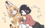  2girls alternate_costume animal_ears black_eyes black_hair black_skirt blush brown_eyes eyebrows_visible_through_hair kaban_(kemono_friends) kemono_friends looking_at_viewer multiple_girls open_mouth orange_hair orange_sweater red_sweater ribbed_sweater san_sami serval_(kemono_friends) short_hair skirt smile sweater tail white_skirt 