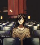  1girl androgynous artist_name bangs black_eyes black_hair carrotsprout expressionless fire_punch hair_between_eyes hair_over_one_eye highres indoors mole mole_under_eye mole_under_mouth movie_theater open_mouth shirt short_hair sitting solo togata_(fire_punch) tomboy twitter 