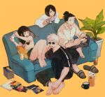  2boys 2girls bangs barefoot black_eyes black_footwear black_hair black_pants black_shirt blue_eyes blunt_bangs book book_stack closed_mouth collared_shirt controller couch cup full_body getou_suguru gojou_satoru green_shorts hair_bun hair_pulled_back holding holding_controller holding_cup ieiri_shoko iori_utahime jujutsu_kaisen knee_up knees_up long_hair long_sleeves mole mole_under_eye multiple_boys multiple_girls open_mouth pants plant round_eyewear sandals shirt short_hair short_shorts short_sleeves shorts simple_background sitting sleeveless sleeves_rolled_up smile sunglasses suvin_(mononochi) white_hair white_shirt yellow_background 