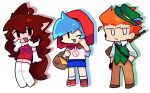  1girl 2boys a_tang_yaaa alternate_costume alternate_universe blue_hair boyfriend_(friday_night_funkin&#039;) brown_hair cosplay friday_night_funkin&#039; girlfriend_(friday_night_funkin&#039;) little_red_riding_hood little_red_riding_hood_(grimm) long_hair orange_hair pico_(pico&#039;s_school) short_hair standing symbol-only_commentary symbol_commentary wolf_ears wolf_girl wolf_tail 