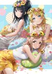  3girls :o alternate_costume black_hair blonde_hair blush braid brown_hair cushion dress eyebrows_visible_through_hair floral_print flower hachimiya_meguru head_rest head_wreath highres idolmaster idolmaster_shiny_colors illumination_stars_(idolmaster) kazano_hiori letterboxed looking_at_viewer multiple_girls patterned_background petals ponytail sakuragi_mano shirt sleeveless sleeveless_dress sleeveless_shirt smile sonsoso twin_braids wrist_flower 