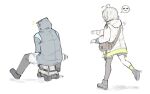  1girl 1other ahoge arknights bag doctor_(arknights) hooded_coat jb_ryshamr riding running satchel scene_(arknights) single_thighhigh spoken_expression thigh-highs white_background 