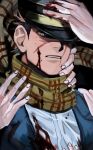  1boy adjusting_clothes adjusting_headwear blood blood_on_clothes blood_on_face brown_eyes brown_hair glowing glowing_eye golden_kamuy hand_on_another&#039;s_face hand_on_own_head hat highres kepi male_focus military_hat nipples one_eye_covered scar scar_on_cheek scar_on_face scar_on_mouth scar_on_nose short_hair sideburns solo_focus spiky_hair sugimoto_saichi ton_(ton19130318) upper_body yellow_eyes 