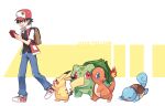  1boy :d backpack bag baseball_cap black_hair black_shirt blue_pants brown_bag bulbasaur charmander commentary_request from_side hat holding_pokedex huan_li jacket male_focus open_clothes open_jacket open_mouth pants pikachu pokedex pokemon pokemon_(game) pokemon_rgby red_(pokemon) red_headwear red_jacket shirt shoes short_hair smile squirtle standing starter_pokemon_trio tongue white_footwear 