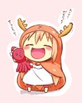  1girl :d ^_^ antlers blonde_hair chibi christmas closed_eyes doma_umaru eyebrows_visible_through_hair hamster_hood hat himouto!_umaru-chan katori_(mocchidou) komaru long_hair pants pink_pants reindeer_antlers santa_hat shirt smile solo stuffed_animal stuffed_toy translation_request white_shirt 