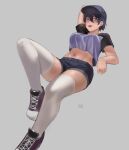  1girl baseball_cap black_hair breasts cropped_shirt dated_commentary eyebrows_visible_through_hair grey_background hair_between_eyes hat highres hunyan large_breasts looking_at_viewer midriff navel open_mouth original shoes short_hair short_sleeves shorts simple_background solo teeth thigh-highs tomboy tomboy_(hunyan) watermark 