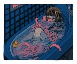  1girl bangs bathtub blunt_bangs border brown_hair covered_face knees_up long_hair nude original partially_submerged pnikatro ripples rubber_duck solo tentacles tile_wall tiles water white_border 