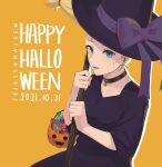  1girl 2021 :d absurdres black_collar blonde_hair blue_eyes bow broom collar copyright_name dated dress earrings halloween_bucket happy_halloween hat hat_bow highres holding holding_broom ino_(juju51228) jewelry jujutsu_kaisen looking_at_viewer nishimiya_momo open_mouth purple_bow purple_dress purple_headwear shiny shiny_hair smile solo sweatdrop witch witch_hat yellow_background 