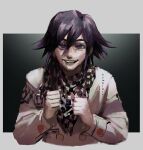  1boy artist_name checkered_clothes checkered_scarf clenched_hand clenched_hands danganronpa_(series) danganronpa_v3:_killing_harmony eyebrows facing_viewer highres hvmbrgrr jacket long_sleeves looking_at_viewer open_mouth ouma_kokichi purple_hair realistic scarf sleeve_cuffs smile teeth violet_eyes white_jacket 