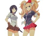  2girls bangs big_hair black_hair black_ribbon black_shirt bow breasts brown_gloves brown_skirt bunny_hair_ornament collared_shirt cowboy_shot danganronpa:_trigger_happy_havoc danganronpa_(series) enoshima_junko gloves grey_necktie grey_shirt hair_bow hair_ornament holding holding_knife ikusaba_mukuro knife large_breasts long_hair miniskirt multiple_girls neck_ribbon necktie qosic red_bow red_skirt ribbon shirt short_hair sketch skirt smile twintails white_bow 