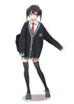  1girl backpack bag bangs black_cardigan black_footwear black_hair black_legwear cardigan closed_mouth collared_shirt deadnooodles eyebrows_visible_through_hair full_body gradient_hair green_eyes green_hair hair_between_eyes highres long_sleeves love_live! love_live!_nijigasaki_high_school_idol_club multicolored_hair necktie plaid_necktie pleated_skirt red_necktie school_uniform shadow shirt shoes skirt sleeves_past_wrists solo standing takasaki_yuu thigh-highs twintails white_background white_shirt white_skirt 