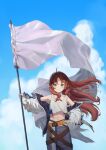  1girl absurdres ahoge arknights bangs bare_shoulders blue_sky closed_mouth clouds collarbone cowboy_shot crop_top detached_collar flag hand_on_hip hand_up highres holding holding_flag jacket long_hair long_sleeves looking_at_viewer messy_hair myrtle_(arknights) navel off_shoulder open_clothes open_jacket pants pointy_ears shirt sidelocks sky smile solo standing uh9 white_shirt wide_sleeves 