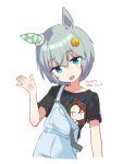  :d animal_ears bangs black_shirt blue_eyes collarbone dated eyebrows_visible_through_hair flower grey_hair hair_between_eyes hair_flower hair_ornament hairclip hand_up head_tilt horse_ears king_halo_(umamusume) koruri looking_at_viewer overalls seiun_sky_(umamusume) shirt short_sleeves simple_background smile twitter_username umamusume white_background yellow_flower 