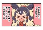  &gt;_&lt; 1girl bangs black_hair blush brown_background censored_text chibi commentary_request emphasis_lines eyebrows_visible_through_hair facing_viewer hands_up kurororo_rororo long_sleeves nose_blush open_mouth sakuna-hime solo sweat tensui_no_sakuna-hime translation_request upper_body wavy_mouth 