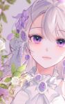  1girl blurry brooch depth_of_field eyelashes flower gem grey_background hair_flower hair_ornament highres jewelry light_smile long_hair looking_at_viewer moon_so_00 original petals plant portrait purple_flower rose smile solo symbol-only_commentary violet_eyes white_flower white_rose 