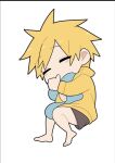  1boy blonde_hair blush character_request chibi full_body grey_shorts hood hoodie lying male_focus mole mole_under_eye official_art on_side senpai_ga_uzai_kouhai_no_hanashi shiromanta shorts sleeping solo spiky_hair white_background yellow_hoodie 