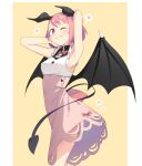 1girl arm_up armpits bangs black_wings blush breasts brown_background demon_girl demon_horns demon_tail demon_wings dress grin horns looking_at_viewer one_eye_closed original pink_dress pink_hair red_eyes saiste shirt sleeveless sleeveless_shirt small_breasts smile solo standing tail two-tone_background white_background white_shirt wings 