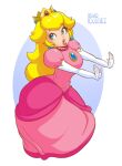  1girl :o arched_back artist_name blonde_hair blue_eyes breasts brooch caucasian crown dress earrings elbow_gloves eyelashes gloves highres jewelry large_breasts lewddoodlez lips long_hair looking_back nintendo open_mouth outstretched_arms pink_dress princess_peach sidelocks simple_background super_mario_bros. 